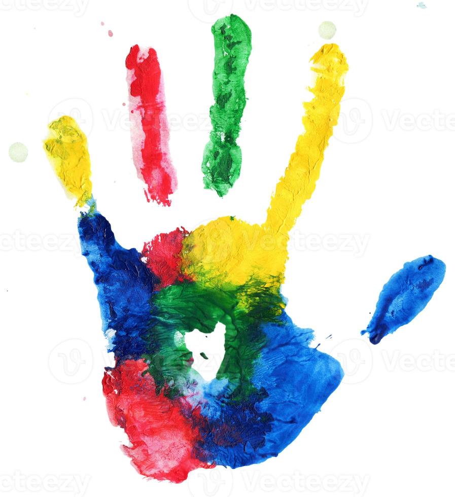 Close up of colored hand print on white photo