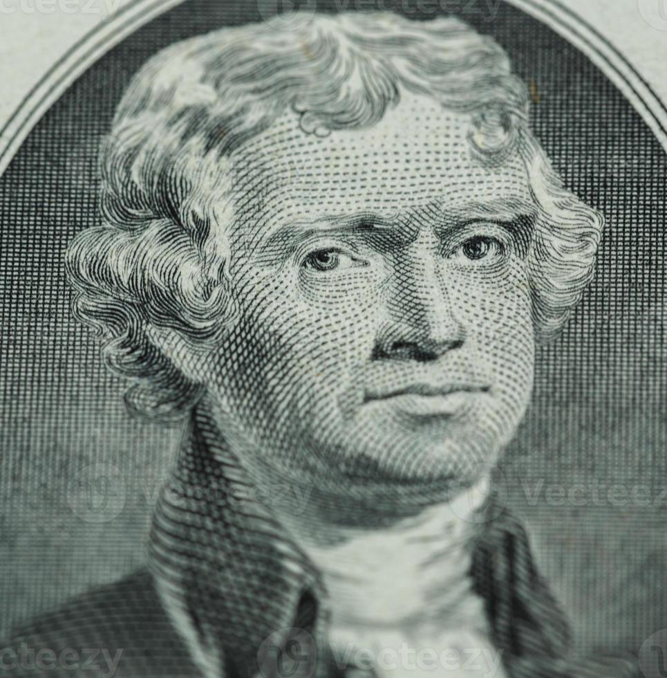President Thomas Jefferson face on us two dollar bill closeup macro photo