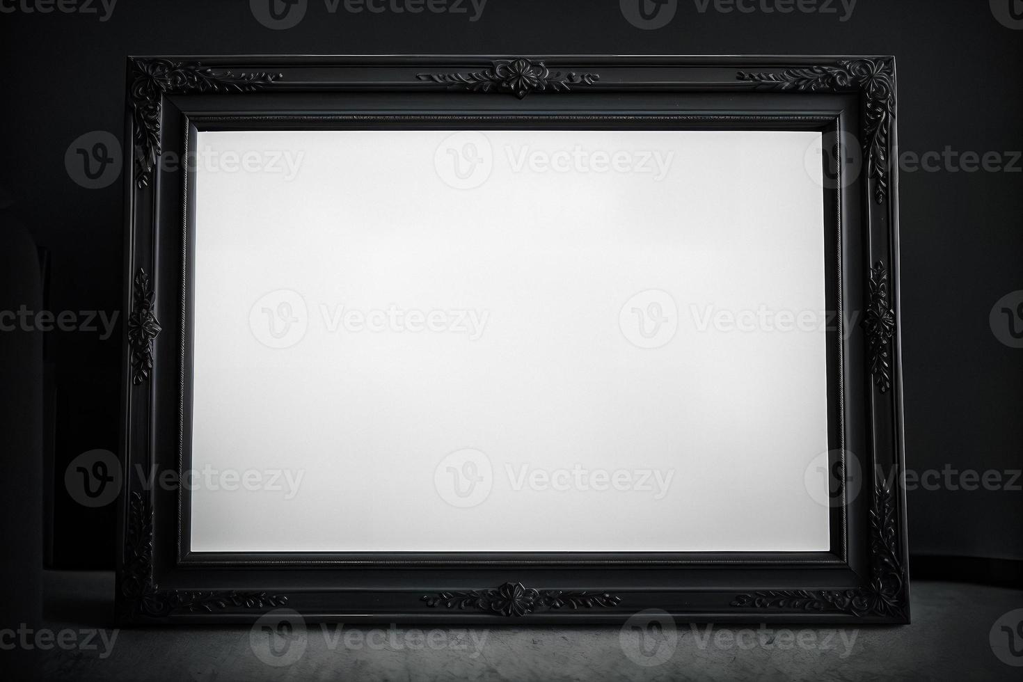 Mockup of blank horizontal frame in dark gothic interior photo