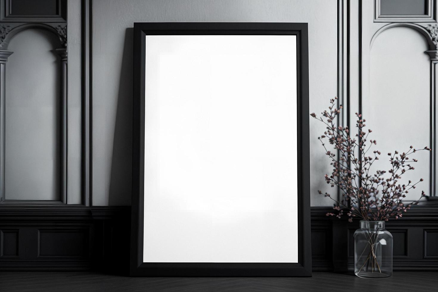 Mockup of blank vertical frame in dark gothic interior photo