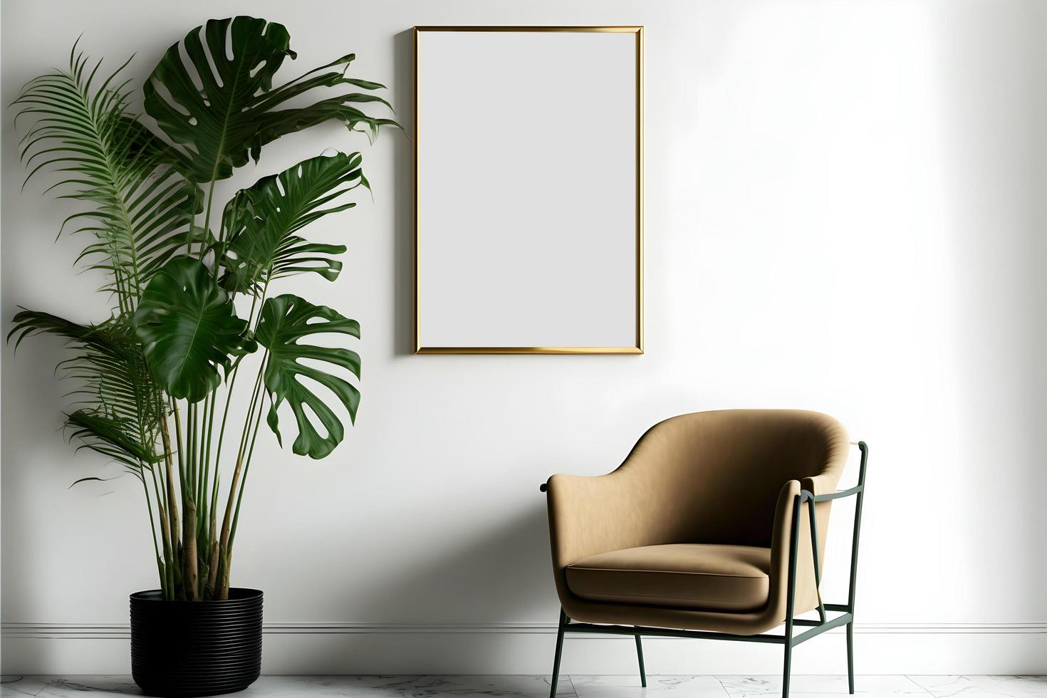 Modern indoor empty picture frame mockup on white wall with chair. White Scandinavian style interior with artwork mock up on wall. empty mock up photo frame with indoor plant in pot