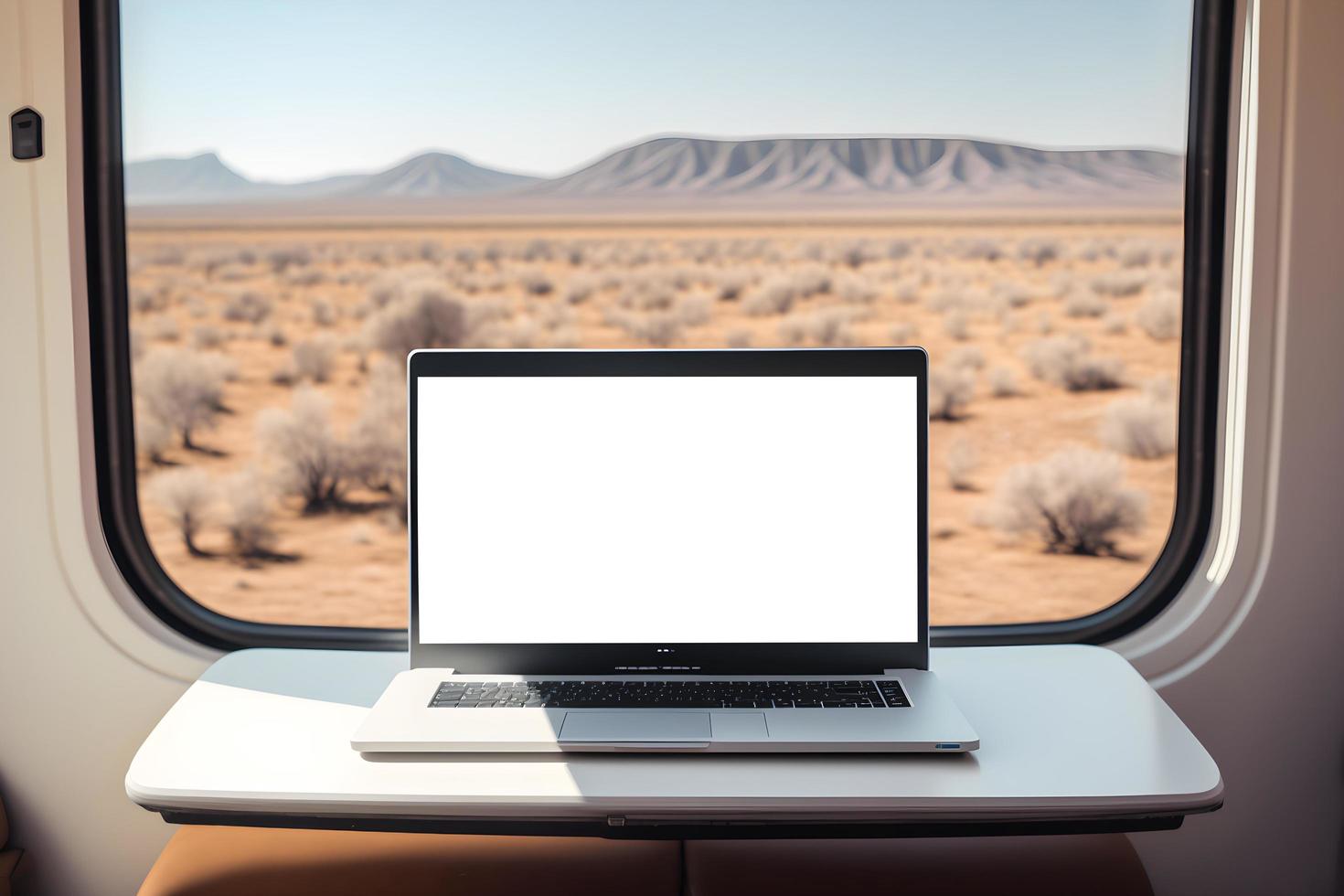 White empty laptop screen mockup in train cabin, Empty screen for advertisement or marketing banner space or posters space, ad space in laptop screen , techonology Screen mockup photo