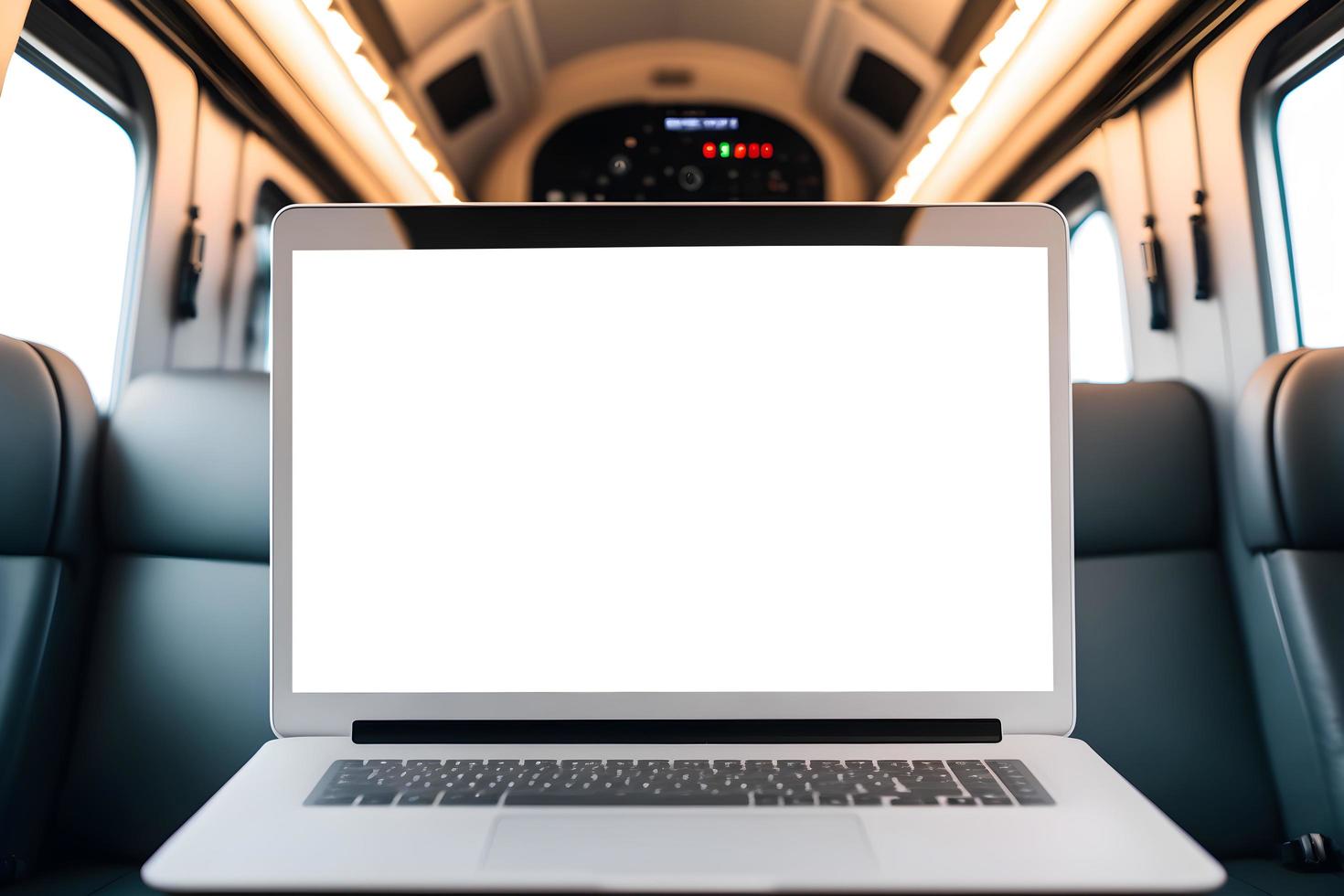 Empty laptop screen mockup in train cabin, Ad Space in White Laptop Screen Mockup, Blank Screen for Posters Space in Laptop, Empty Screen for Advertisement or Marketing Banner Space in laptop photo