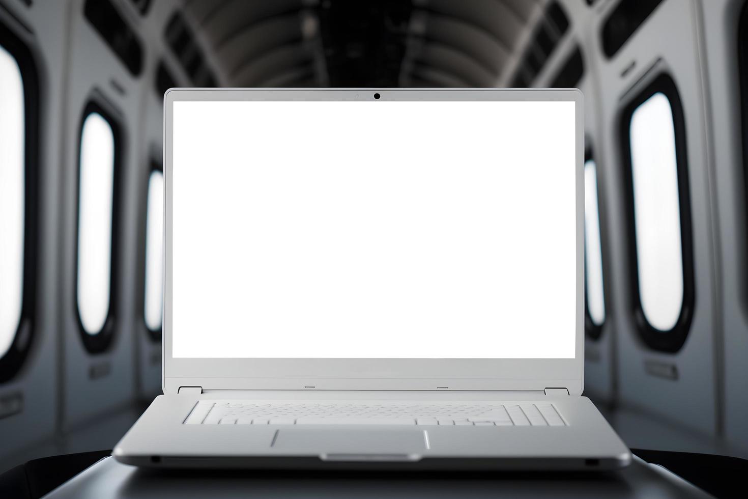 Empty laptop screen mockup in train cabin, Ad Space in White Laptop Screen Mockup, Blank Screen for Posters Space in Laptop, Empty Screen for Advertisement or Marketing Banner Space in laptop photo