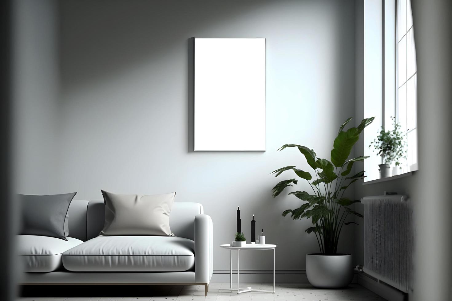 empty frame picture mockup psd with indoor plants and sofa, blank indoor photo frame