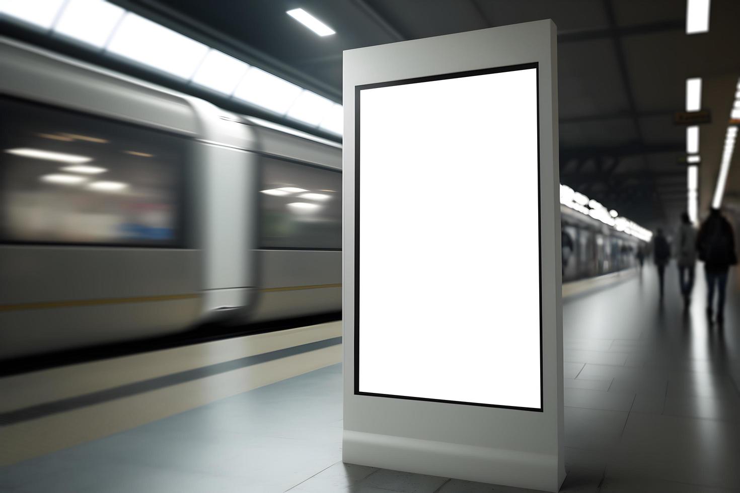 Vertical standing empty space billboard at underground train station, empty space for ad banner photo