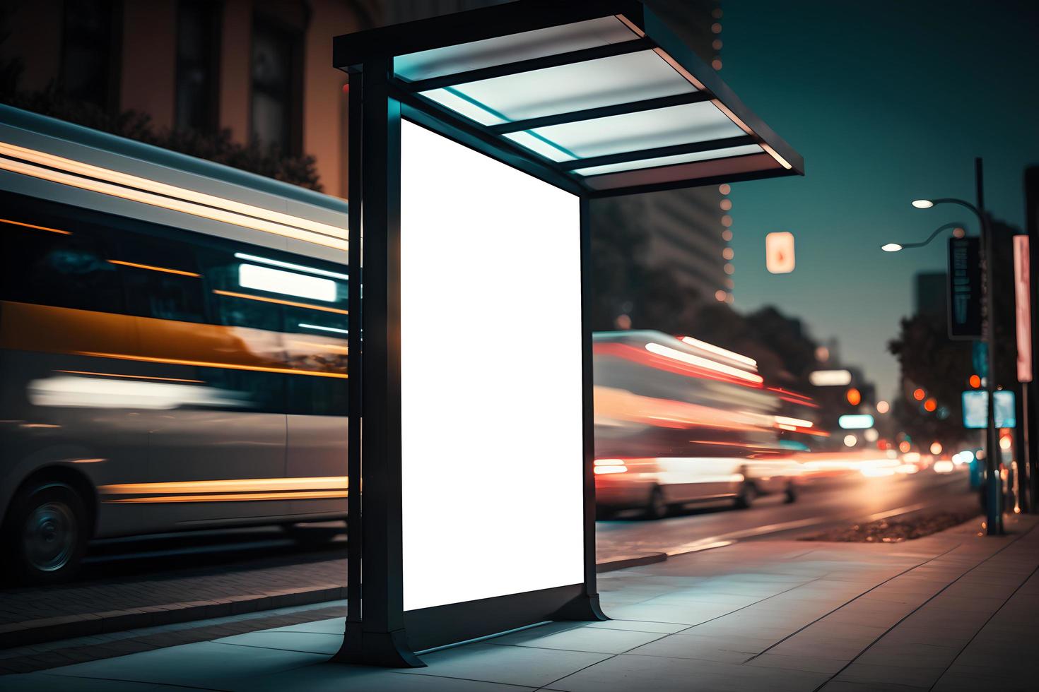 Empty billboard mockup at footpath or at roadside in city, side view blank billboard in city, Outdoor Advertising space in light box at bus stop in night, empty signage mockup. Free Photo