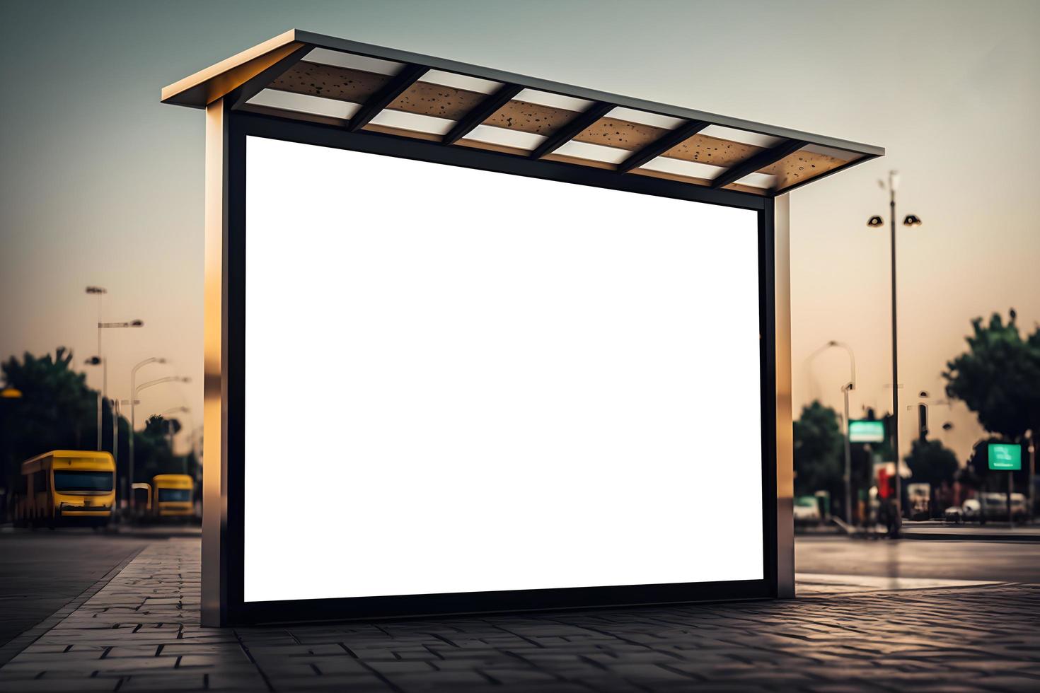 Modern Blank white signboard with luxury golden reflective border around, Roadside empty billboard in evening, Marketing banner ad space in city, Advertisement billboard on roadside in city.Free Photo