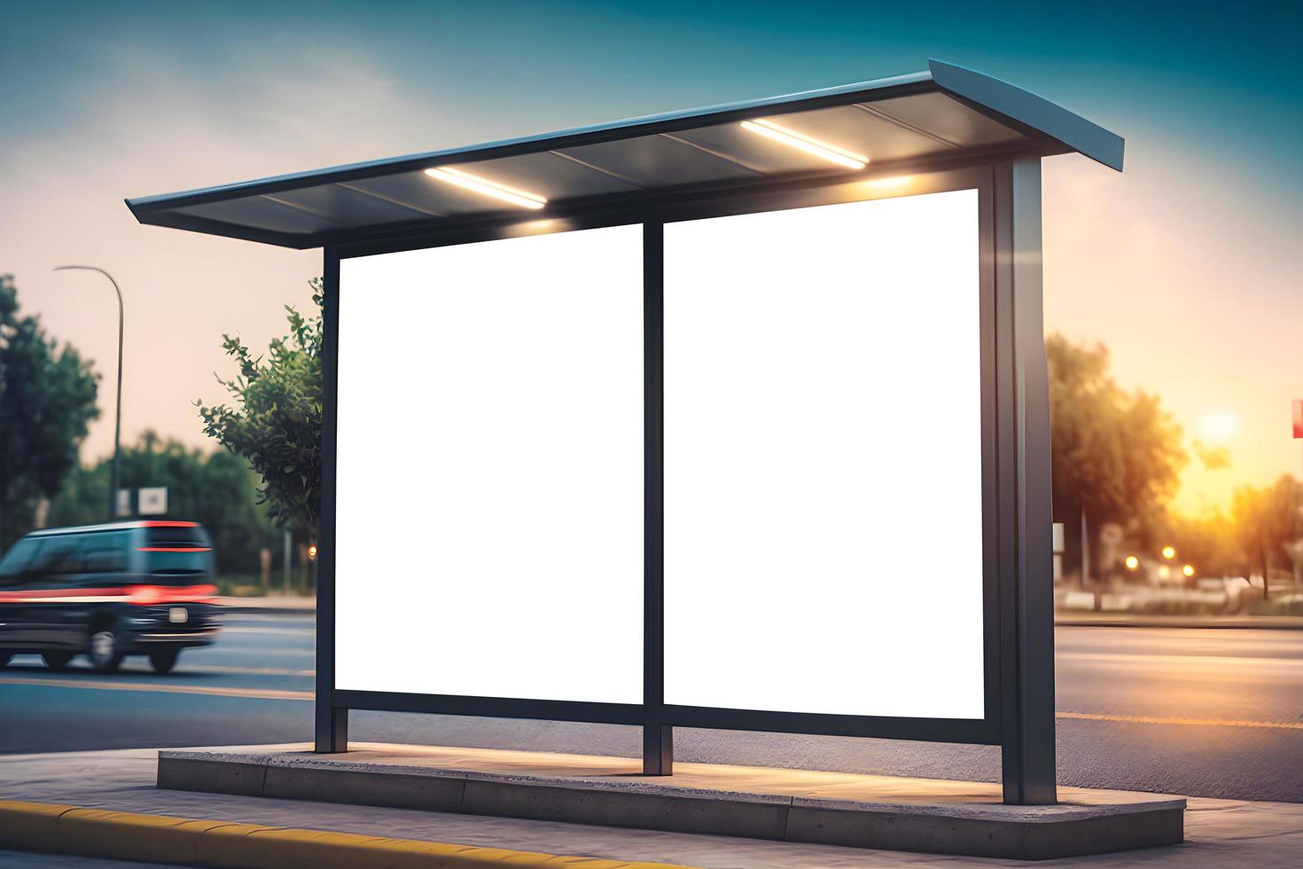 Side by side two billboard mockup at bus stop, Empty 2 verticle billboard at bus stop, blank billboard or advertisment spaces for marketing banners or posters , generative ai, 2 Advertisement Mockup photo