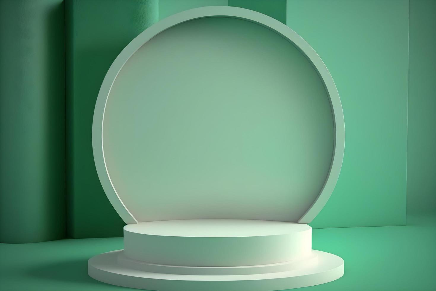 3d round empty white podium for produt display with muted green background, showcase your product with empty round pedestal display podium stage. Free Photo