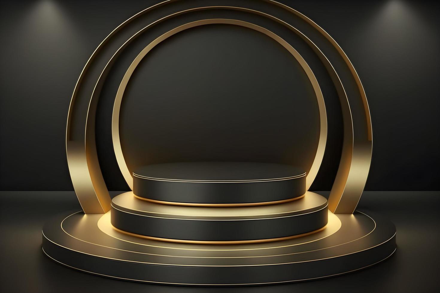 3d Empty Luxury golden and black podium stage background for Premium product showcase, luxury golden pedestal or premium product stand display mockup background, Free Photo