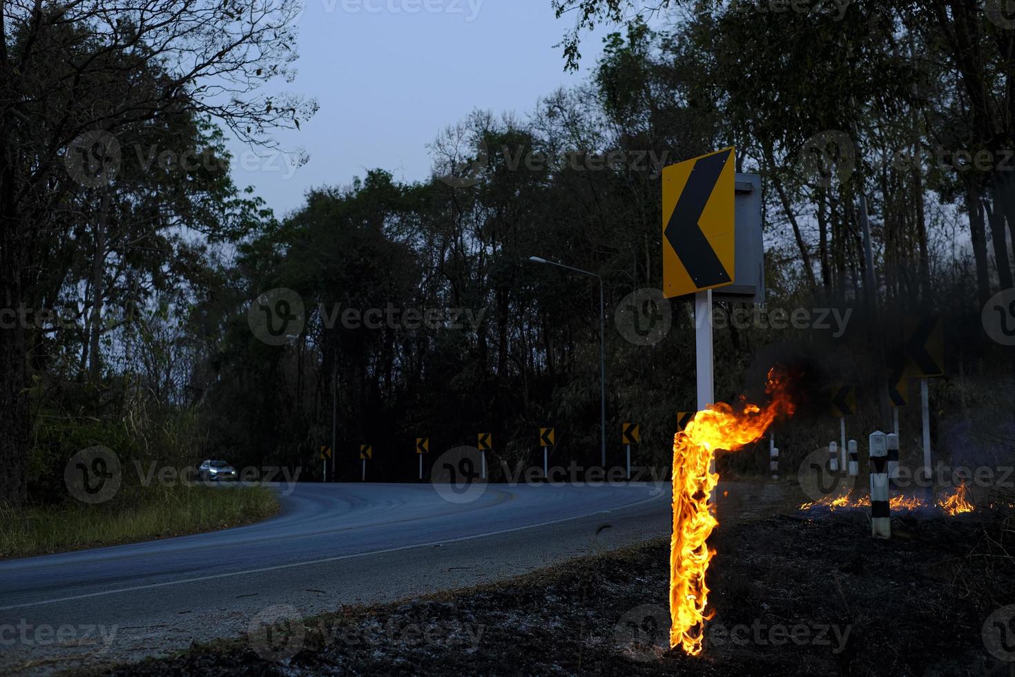 The Roadside Pillar pole is burning with flames and there is smoke rising from the fire caused by wildfire photo
