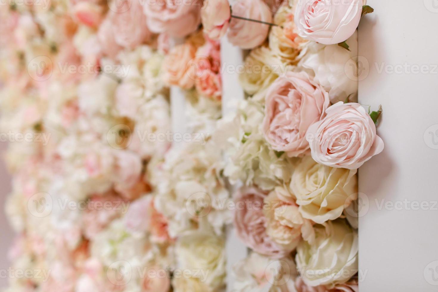 Flowers wall background with amazing pink and white roses, peonies and hydrangeas, wedding decorations, handmade. photo