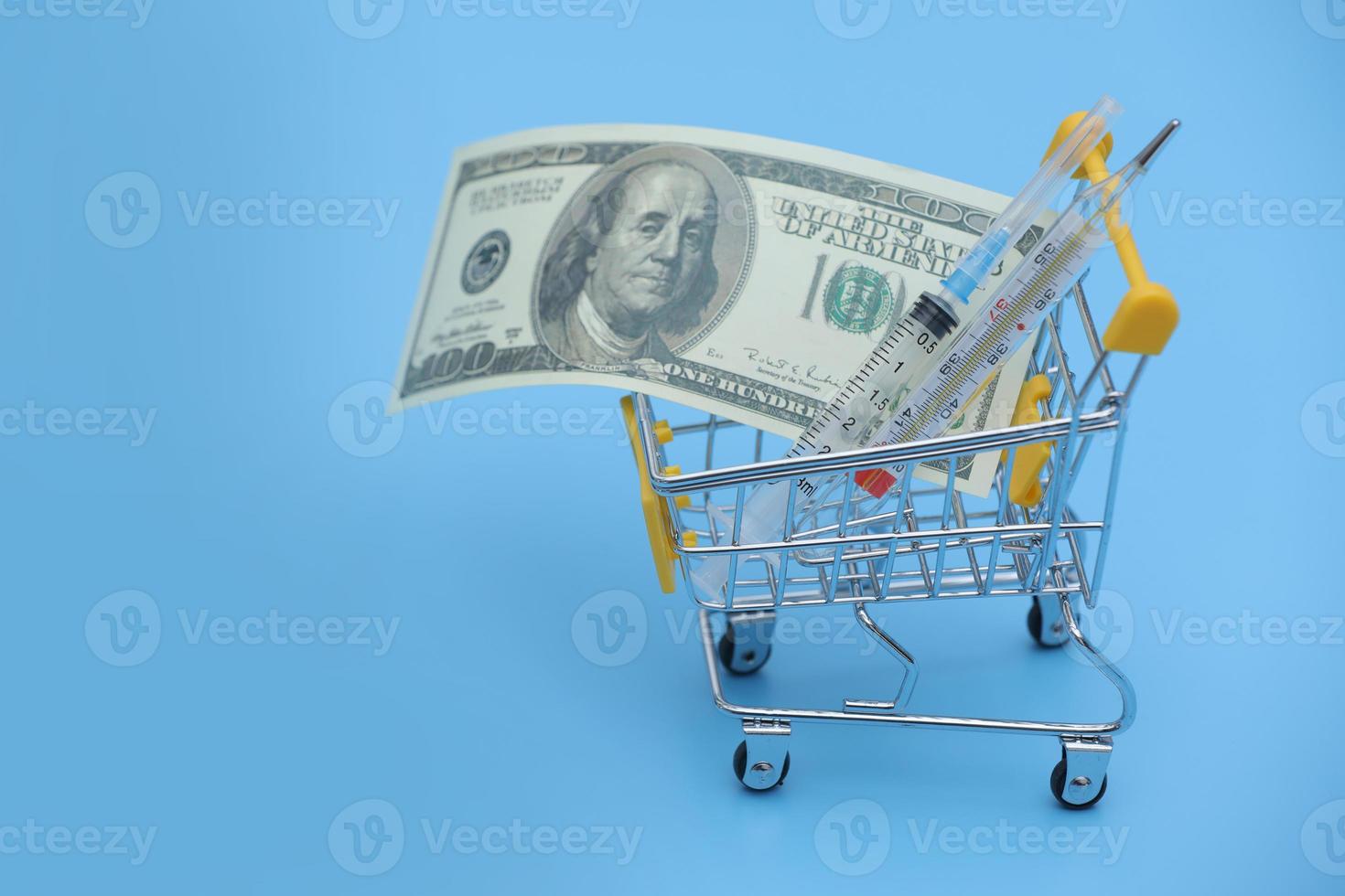 Dollar bills roll and thermometer in shopping cart on shopping. Medicine concept with copy space. photo