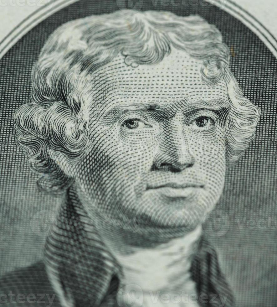 President Thomas Jefferson face on us two dollar bill closeup macro photo