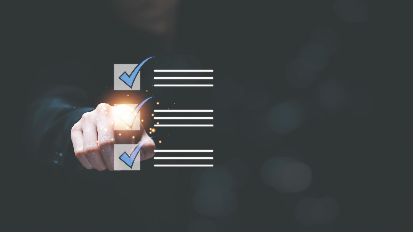 man check mark about exploring topics,In the virtual form check sheet,checklist ideas, checkbox to conduct opinion and quality surveys or satisfaction,Connect and work with modern wireless technology photo