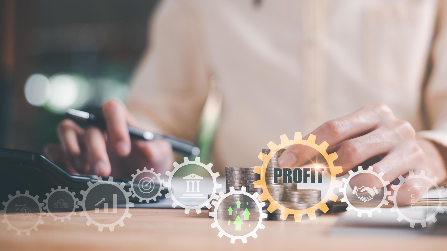 investor and gear icon ,Show success and profit graphs ,Increase profits and wealth ,Profitable growth in business and investment ,progress in development financial performance and investment , photo