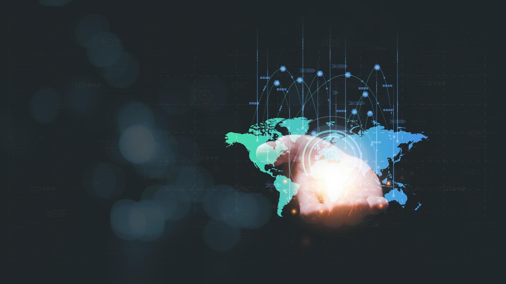 a man and virtual icon,modern cyberspace network technology concept,to communicate and connect information through a global society,innovative and scientific ideas,working through high speed internet photo