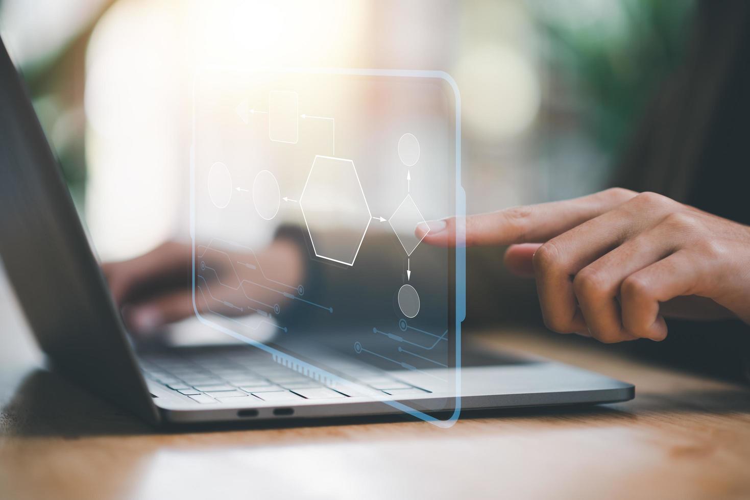 Businessman showing business process and workflow with virtual flowchart,planning and setting corporate growth goals ,Business Process Optimization ,Business solutions ,success strategy steps photo