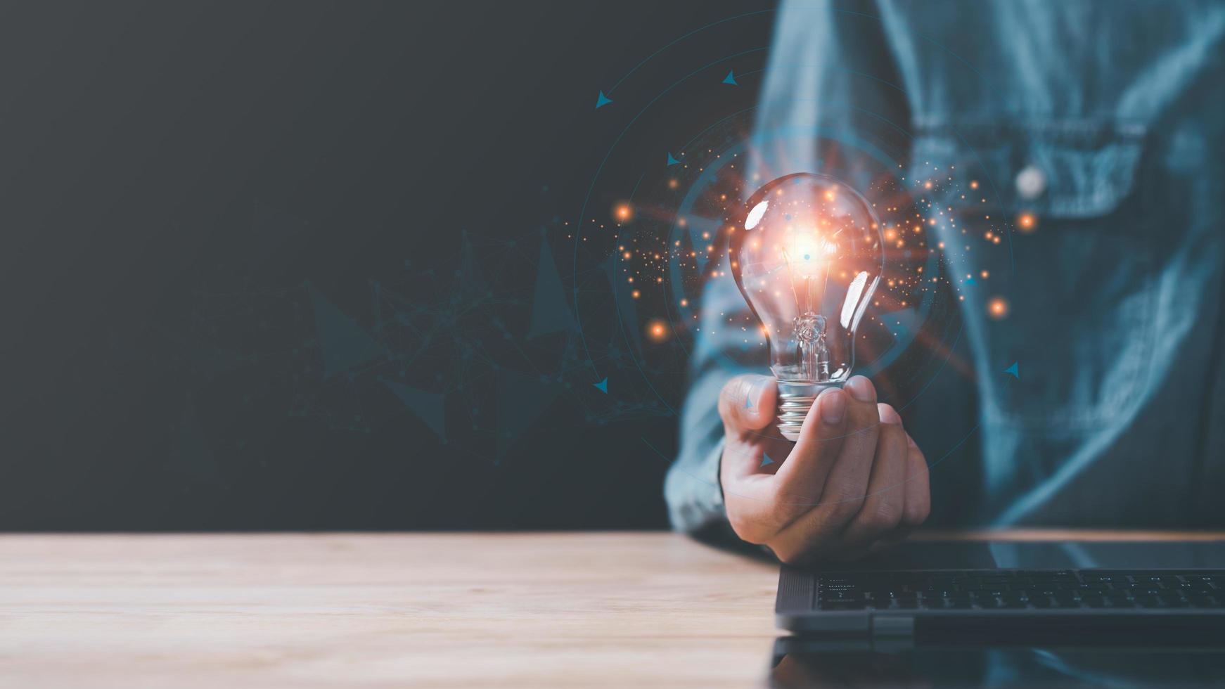 solution concept and demonstrating leadership strategies ,idea, innovation and inspiration and brain power from brainstorming ,A light bulb representing the power of thought in the human hand photo