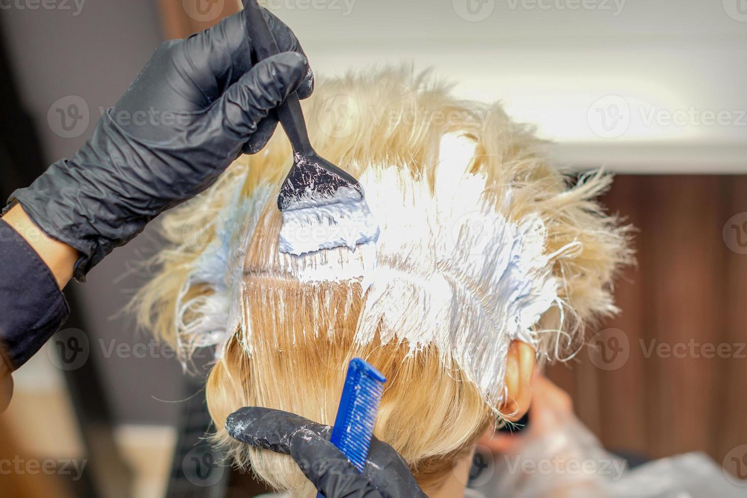 Hair stylist dyeing hair of woman photo
