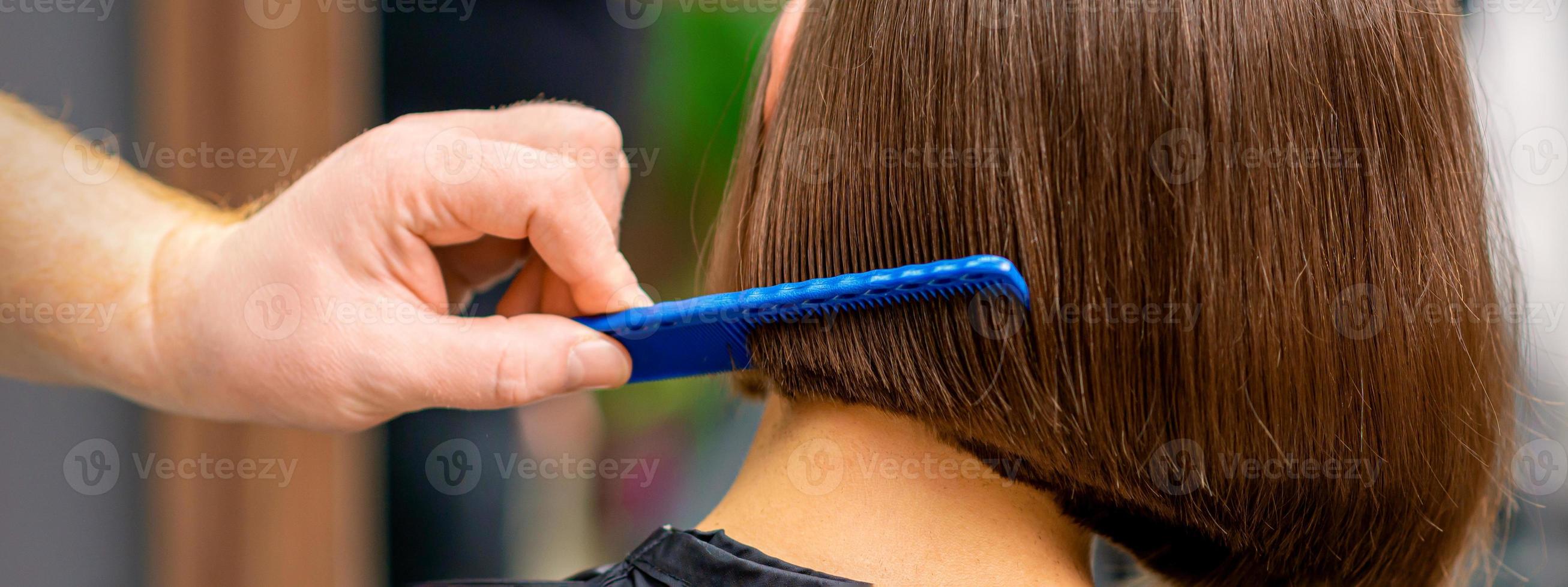 Hairdresser combing hair of woman photo