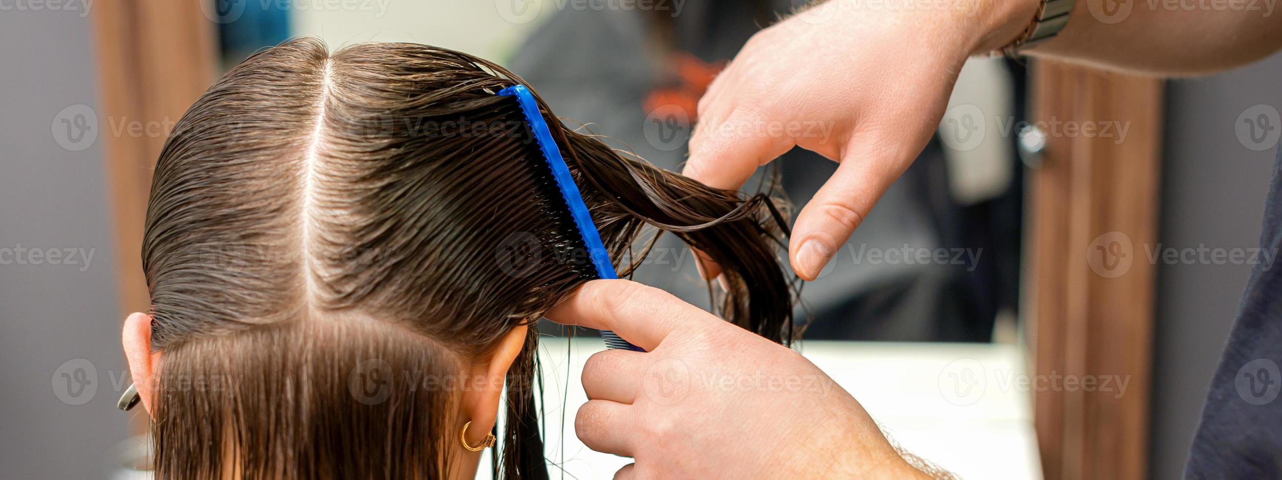 Hairdresser combing hair of woman photo