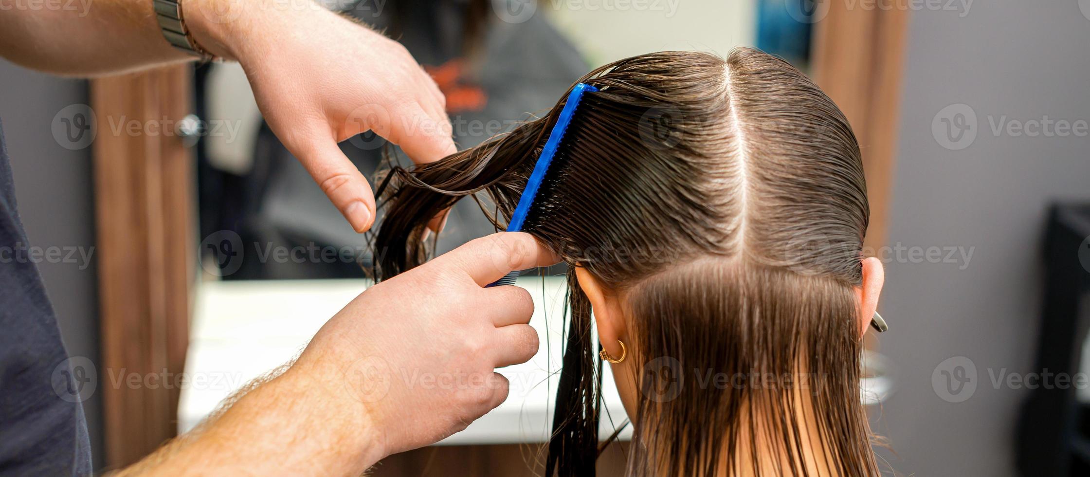 Hairdresser combing hair of woman photo