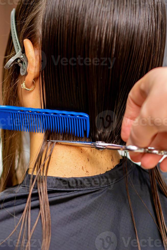 Hairdresser cuts hair of woman photo