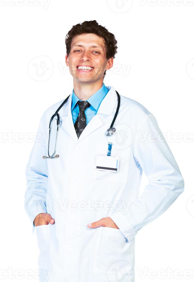 Portrait of the smiling doctor on a white photo