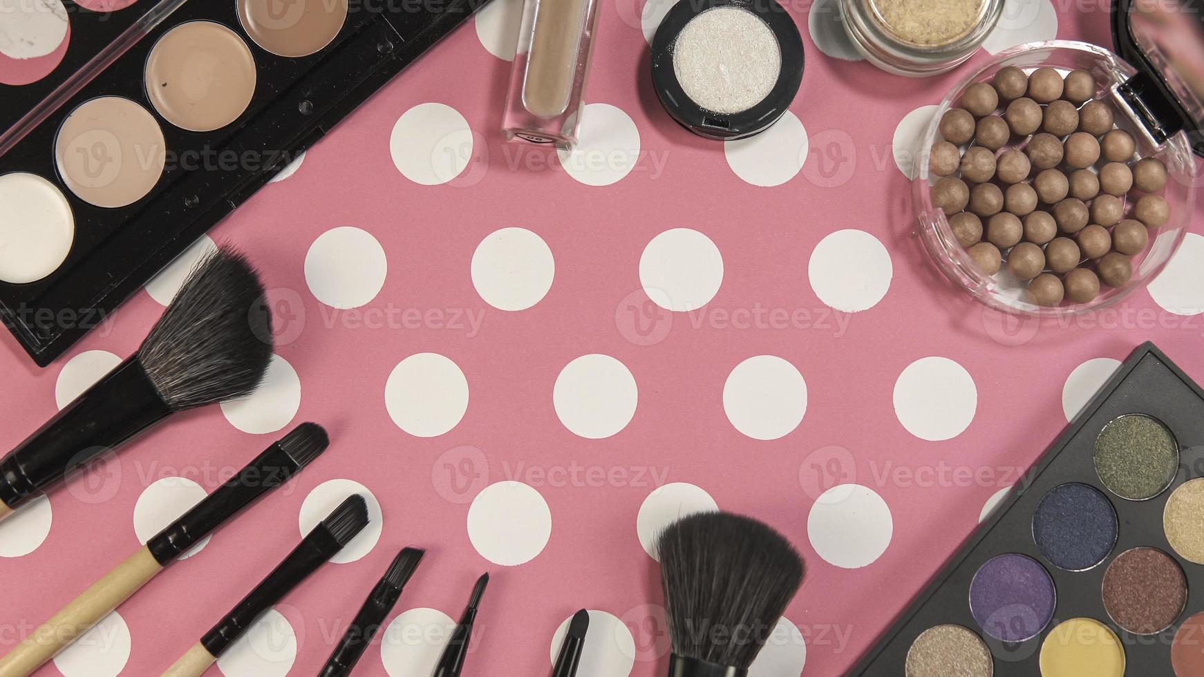 Flat lay of make up and beauty cosmetic products photo