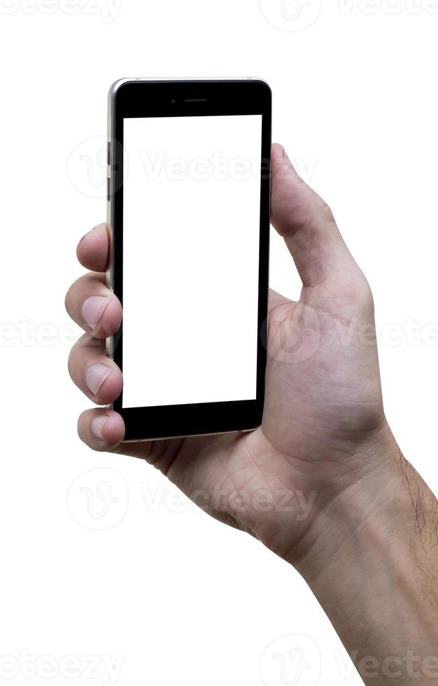 Male hand holding black cellphone with white screen at isolated white background. photo