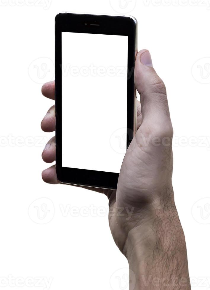 masculino mano participación negro Teléfono móvil con blanco pantalla a aislado blanco antecedentes. foto