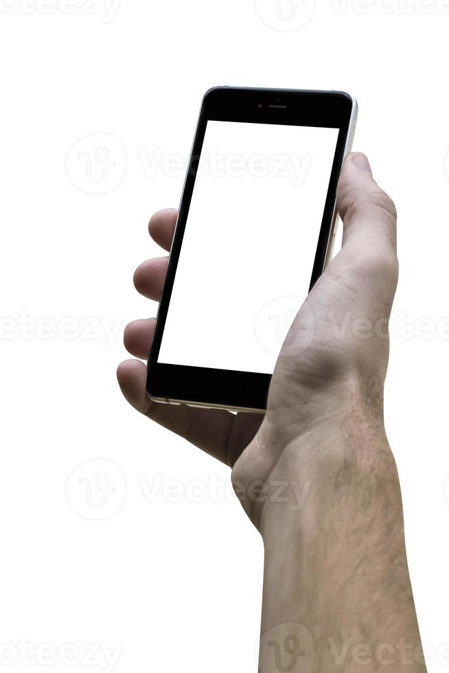 Male hand holding black cellphone with white screen at isolated white background. photo