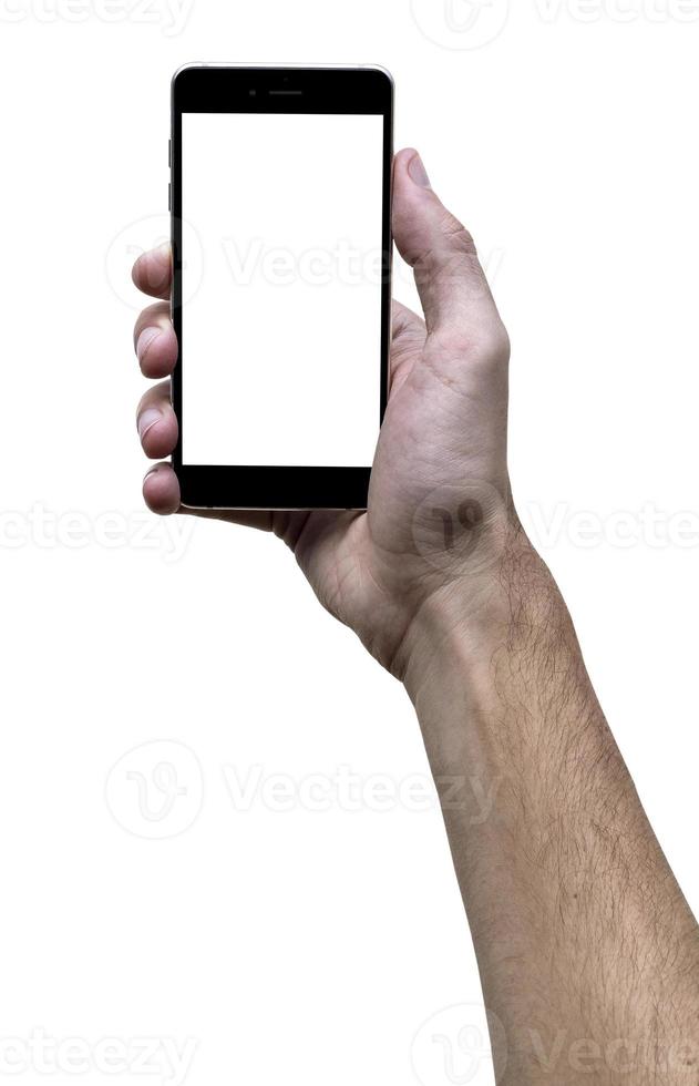 Male hand holding black cellphone with white screen at isolated white background. photo