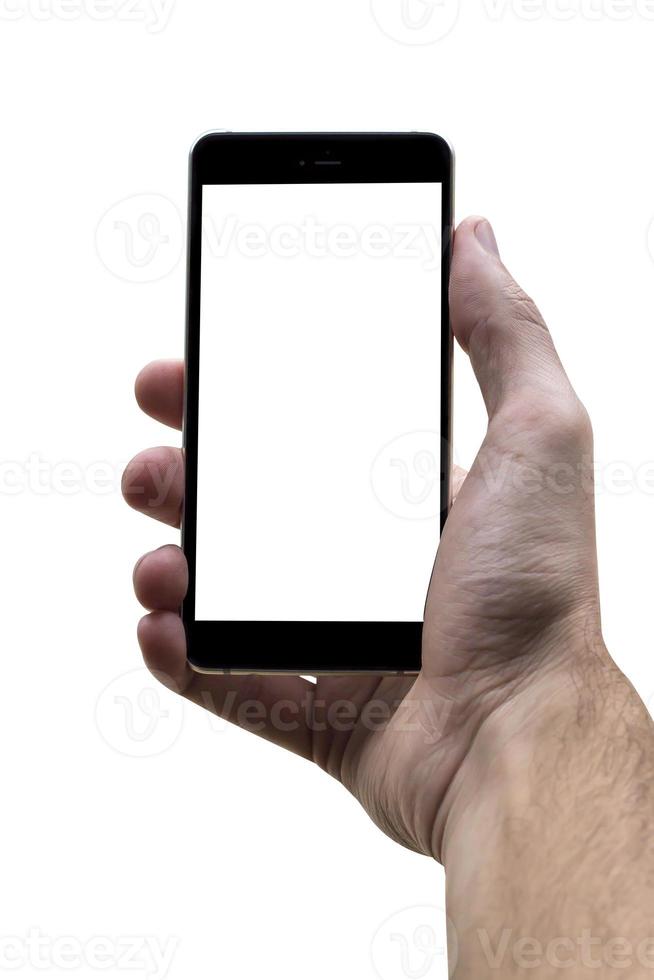 Male hand holding black cellphone with white screen at isolated white background. photo