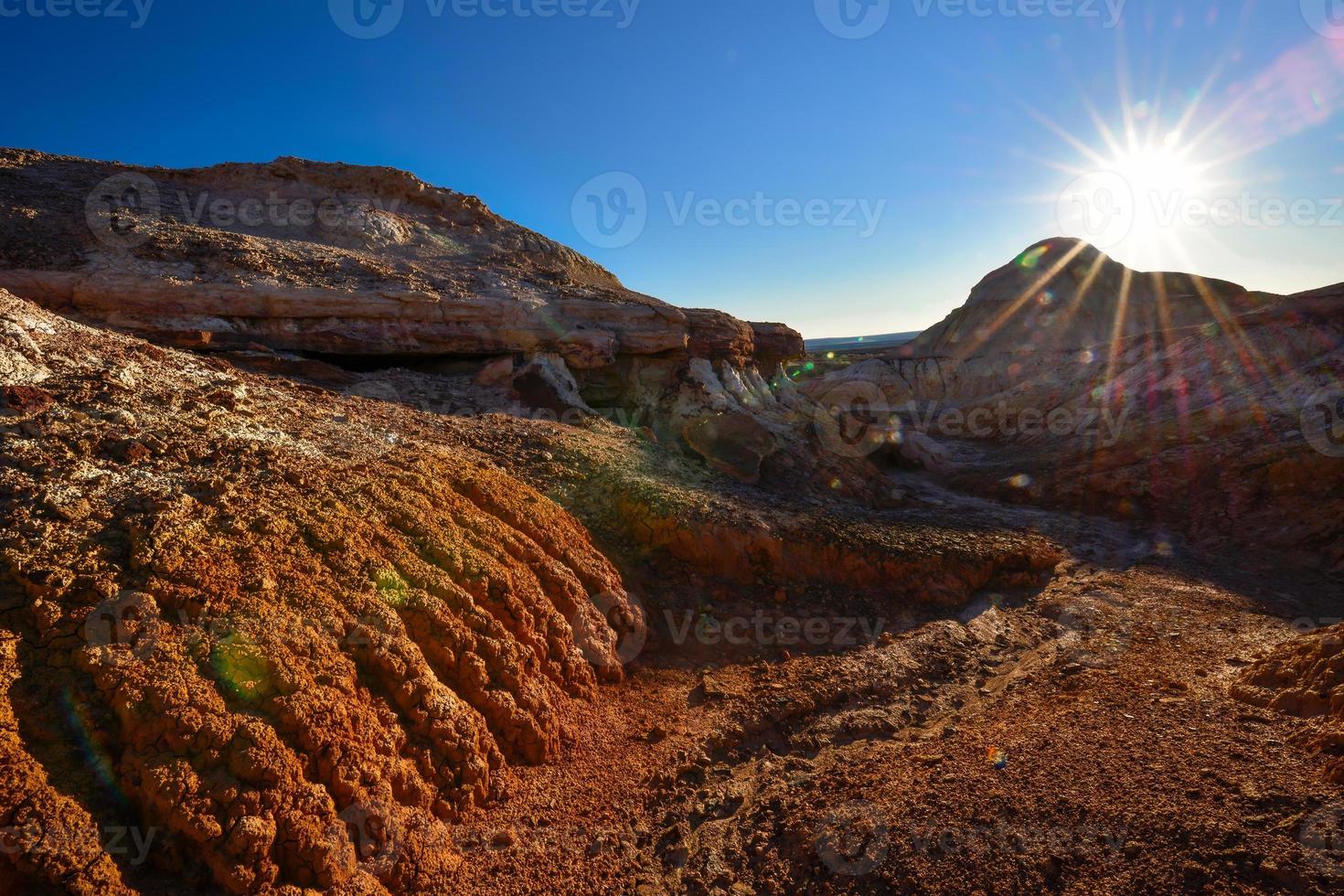 Trekking in The Wucai City Scenic Area near Urumqi, Xinjiang, has a magnificent and dazzling view of the Danxia landform. photo