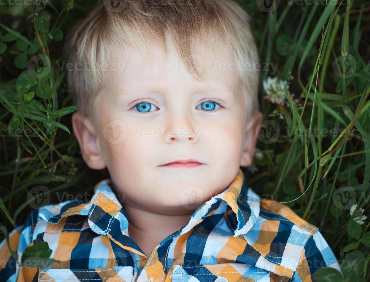 un linda pequeño chico acostado en un campo de verde foto