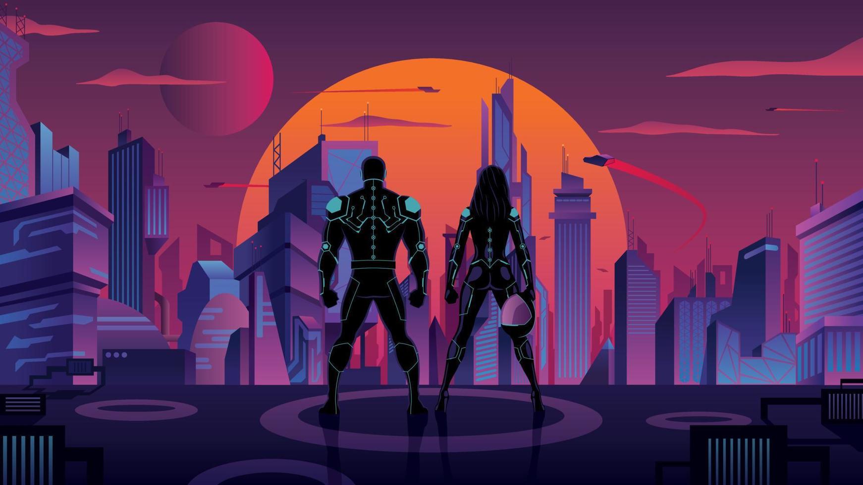 superhéroe Pareja en futurista ciudad 2 vector