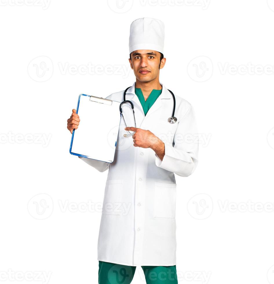 Portrait of doctor Arab nationality with health record on white photo
