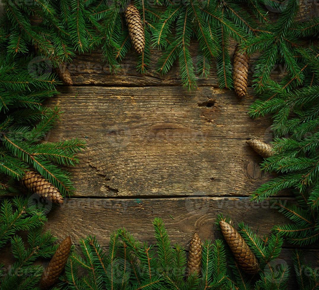 Christmas tree branches with cones on wooden texture ready for your design photo