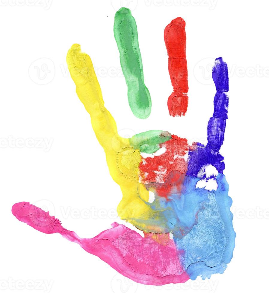 Close up of colored hand print on white photo