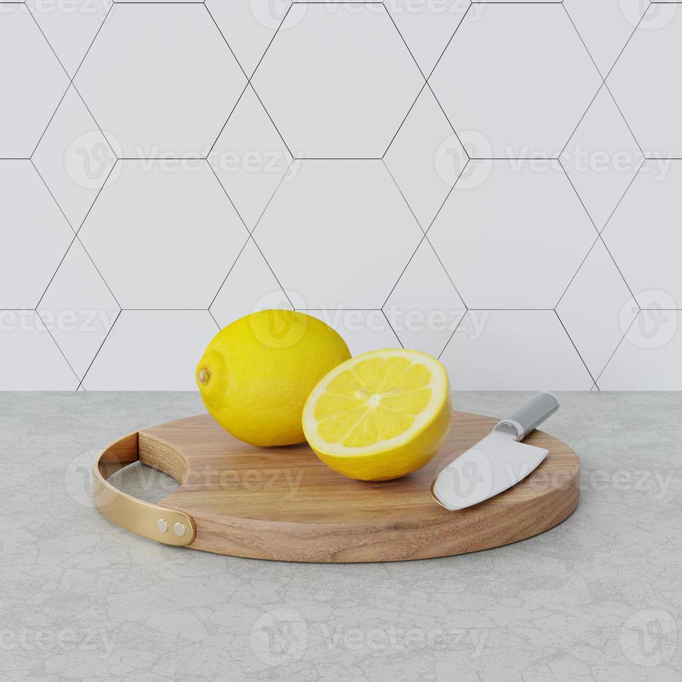 3D Rendering Lemon On Wood Circle Cutting Board, Silver Knife on photo