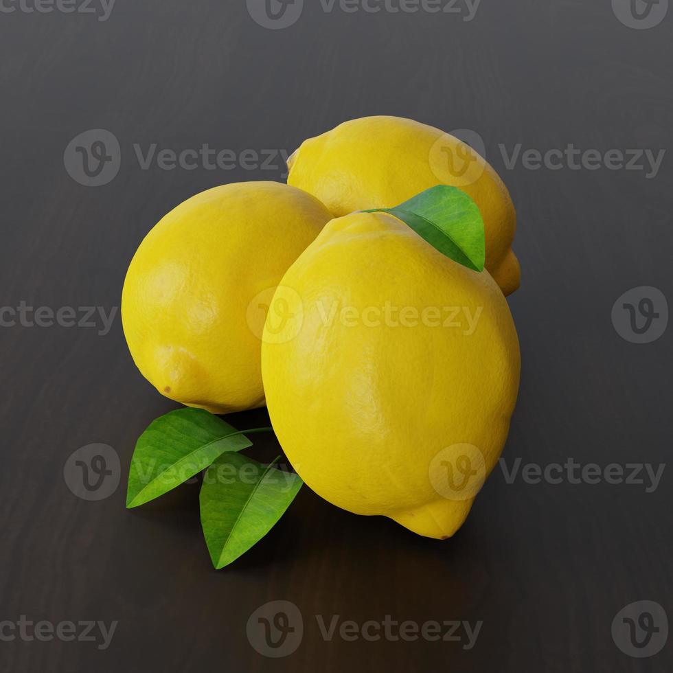 3D Rendering Lemon And Leaf on Wood Floor Closeup photo