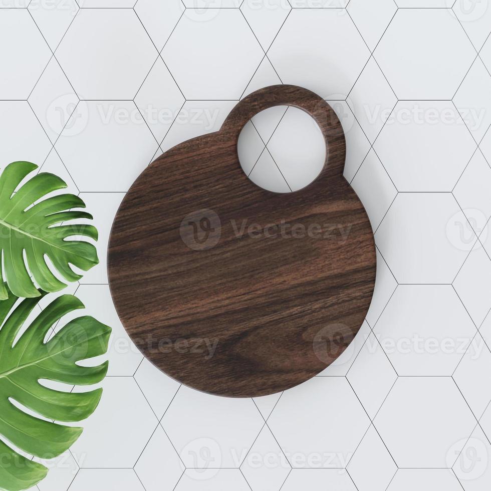 3d representación oscuro madera circulo corte tablero en blanco geométrico F foto