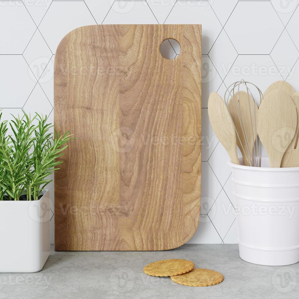 3D Rendering Wood Square Cutting Board Spoon Set Cracker on Conc photo