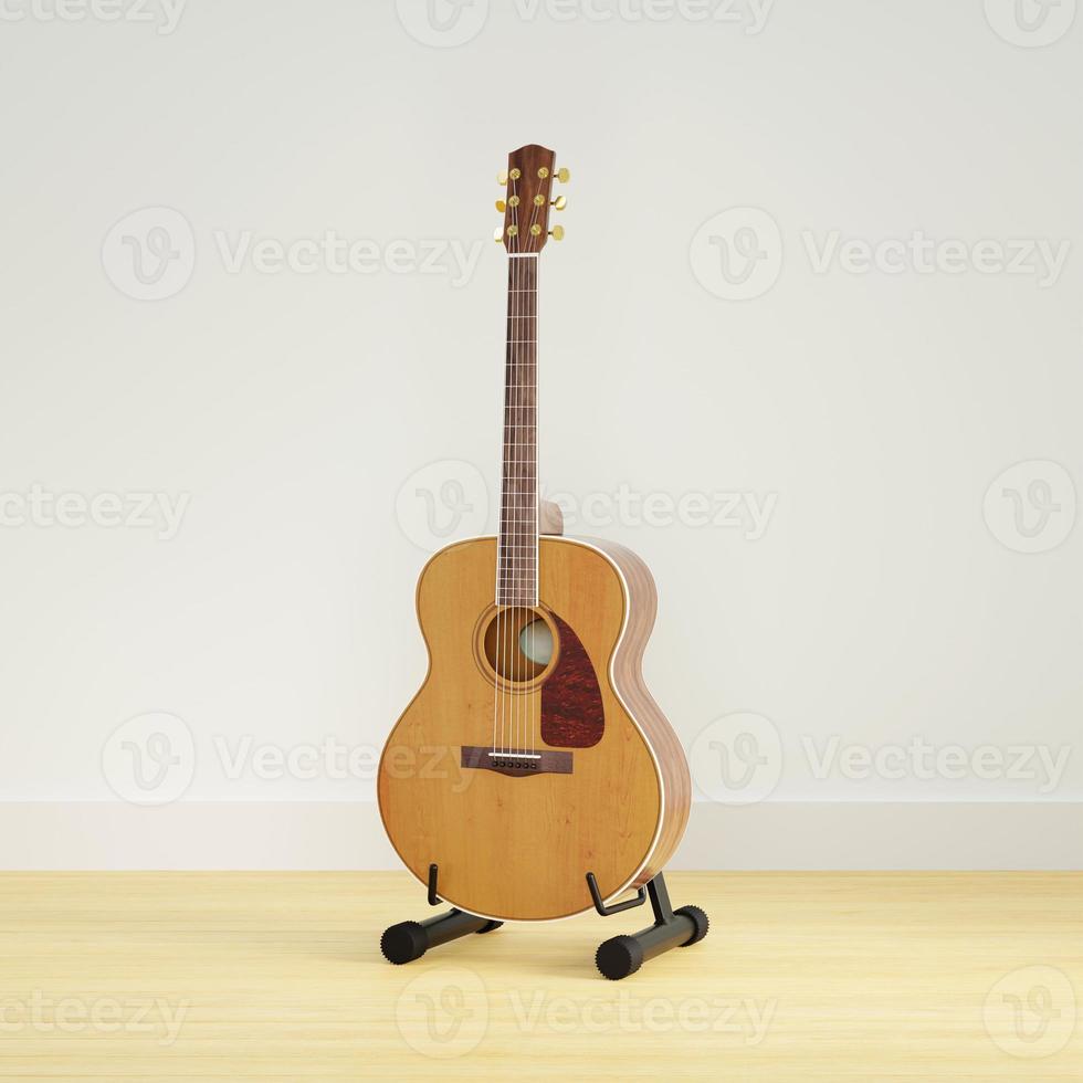 3D Rendering Classic Guitar On Guitar On Stand In Empty Room photo