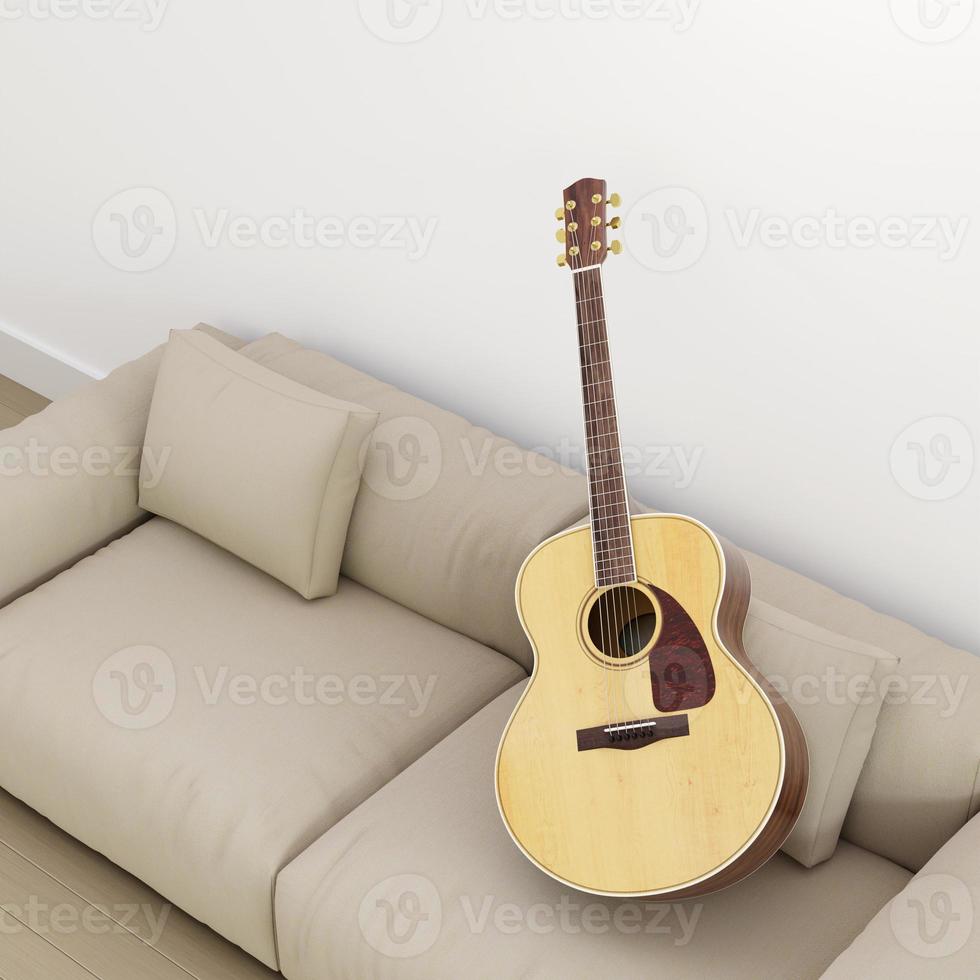 3D Rendering Classic Guitar on Sofa, Classic Guitar in Living Ro photo