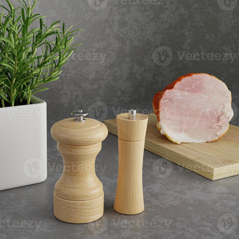 3D Rendering Pepper Grinder, Cutting Board, Bacon on Cement Back photo