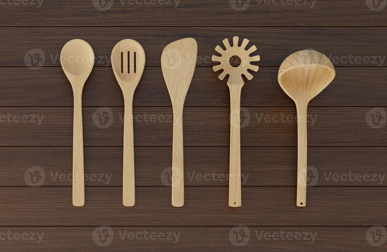 3D Rendering Set of Wood Turner on Wood Plank Background photo